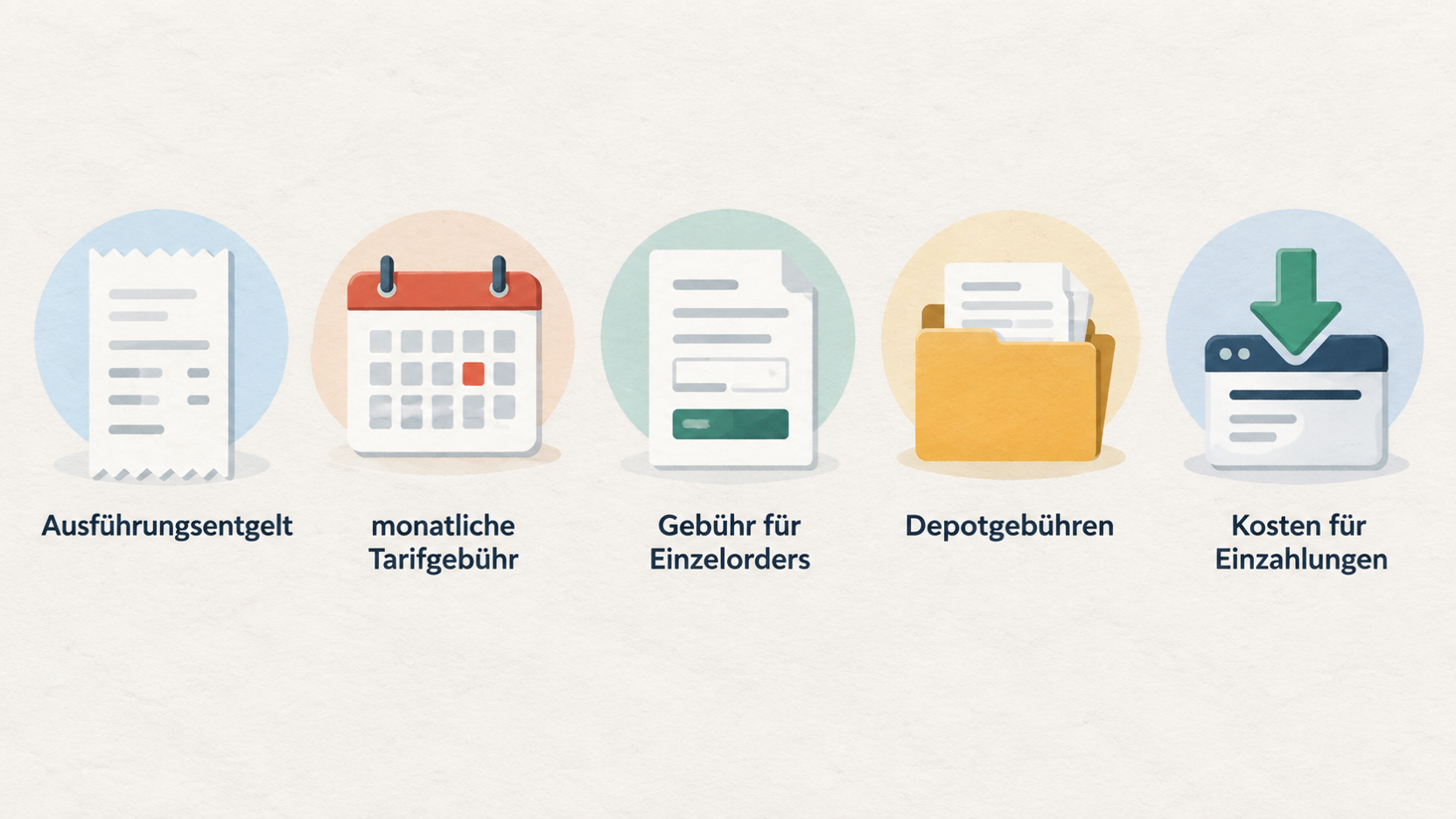 Eine Reihe aus Icons mit kurzen Labels, die die im Abschnitt genannten Brokerkosten voneinander unterscheidet: Sparplanausführung, Tarifgebühr, Einzelorders, Depotgebühr und Einzahlungen.